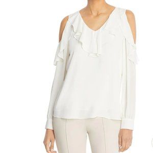 NWT Tahari Cold Shoulder Ruffle V-neck Long Sleeve Tunic Blouse - White Star